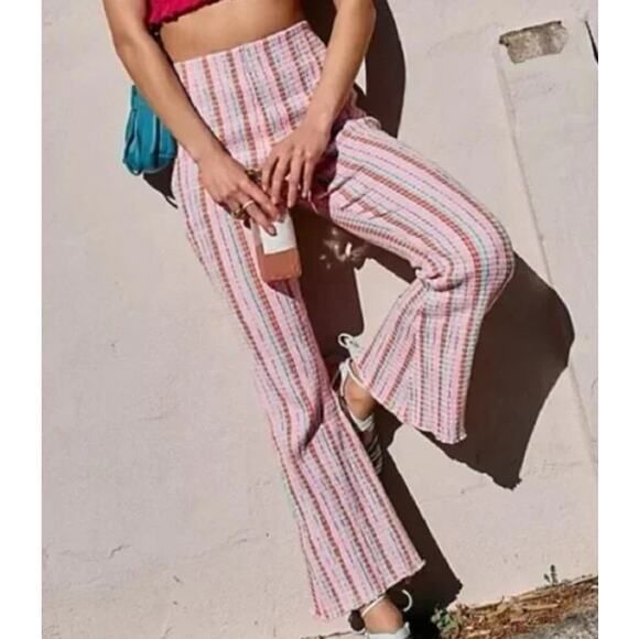 Free People Fine Line Knit Pants in Pink Stripe Combo Large - Picture 1 of 9